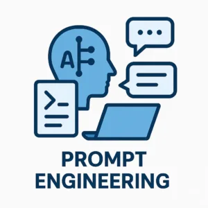 Flat-style vector icon representing prompt engineering with AI head, code symbol, chat bubbles, and a laptop, in blue tones.
