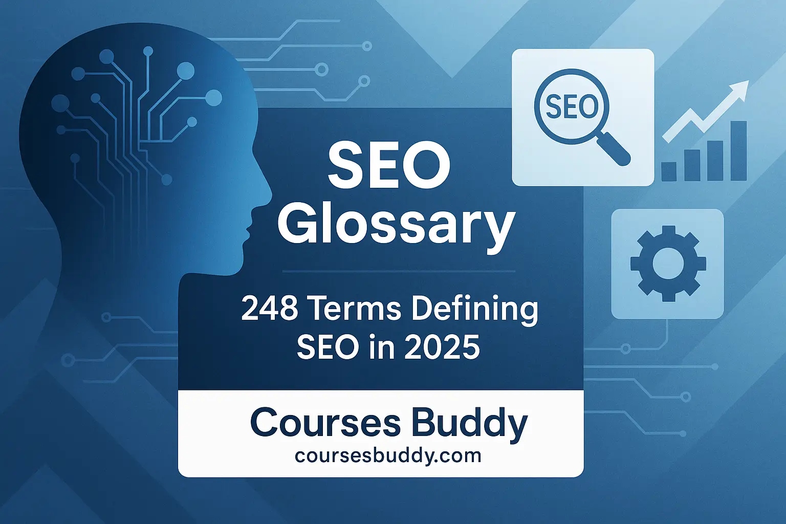 Futuristic SEO glossary feature image showing a digital AI head, SEO icons, a bar graph, and the title "248 Terms Defining SEO in 2025" with Courses Buddy.